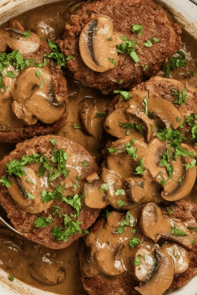 Bobby Flay Salisbury Steak Recipe. The sauce appears creamy and is garnished with finely chopped green herbs, possibly parsley. The patties are placed in a white dish, and the entire setup is presented on a white surface.